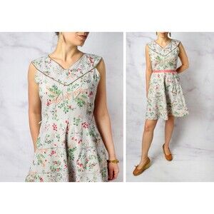 1950s Novelty Print Dress Size Medium 50s Ferns Leaves Print Cotton Day Dress